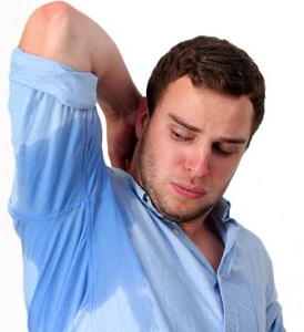 Sweaty man in blue shirt